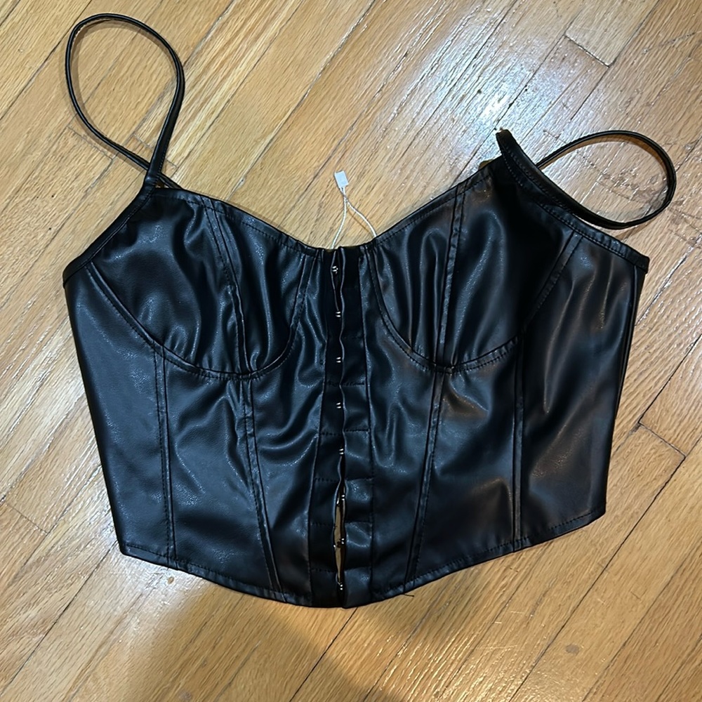 Vegan Leather Corset Spaghetti Strap CroppedTop